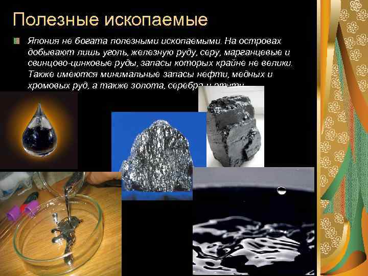 Полезные ископаемые Япония не богата полезными ископаемыми. На островах добывают лишь уголь, железную руду,