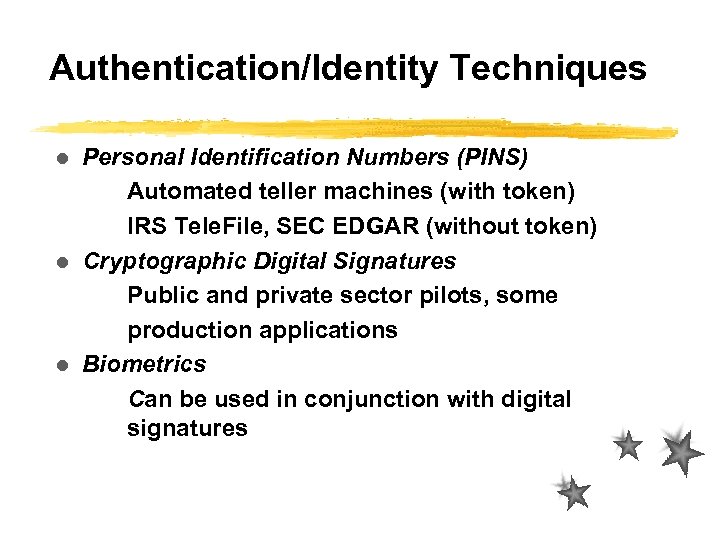 Authentication/Identity Techniques Personal Identification Numbers (PINS) Automated teller machines (with token) IRS Tele. File,