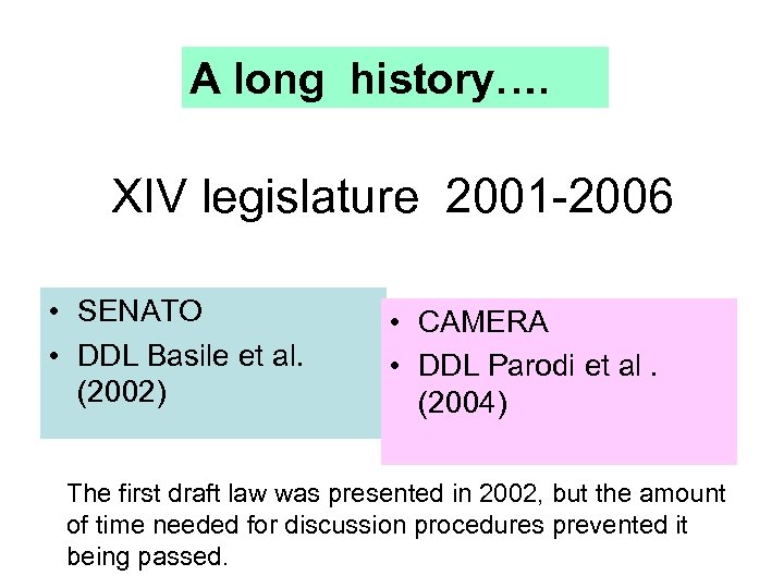 A long history…. XIV legislature 2001 -2006 • SENATO • DDL Basile et al.