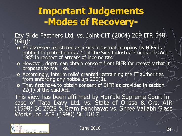 Important Judgements -Modes of Recovery. Ezy Slide Fastners Ltd. vs. Joint CIT (2004) 269