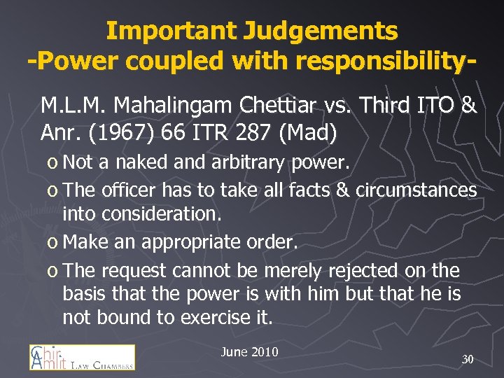 Important Judgements -Power coupled with responsibility. M. L. M. Mahalingam Chettiar vs. Third ITO