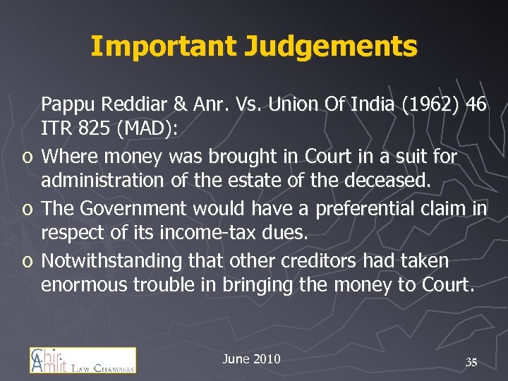 Important Judgements o o o Pappu Reddiar & Anr. Vs. Union Of India (1962)