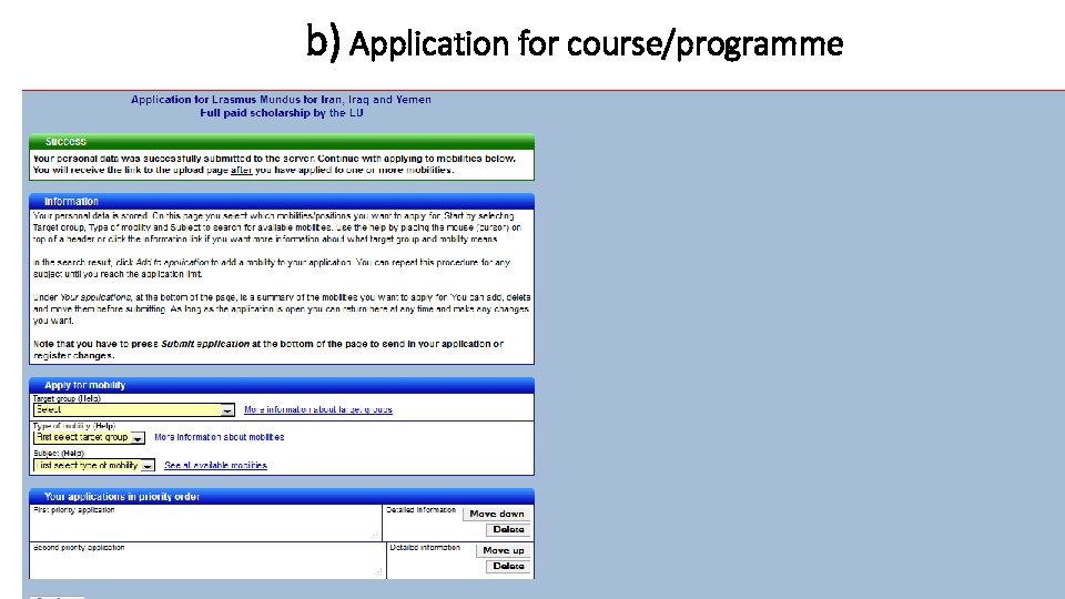 b) Application for course/programme 