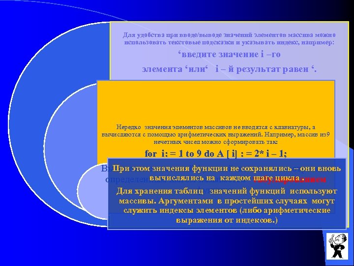 Для удобства при вводе/выводе значений элементов массива можно использовать текстовые подсказки и указывать индекс,