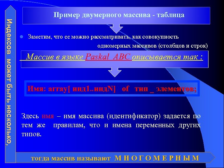 Индексов может быть несколько, Пример двумерного массива - таблица l Заметим, что ее можно