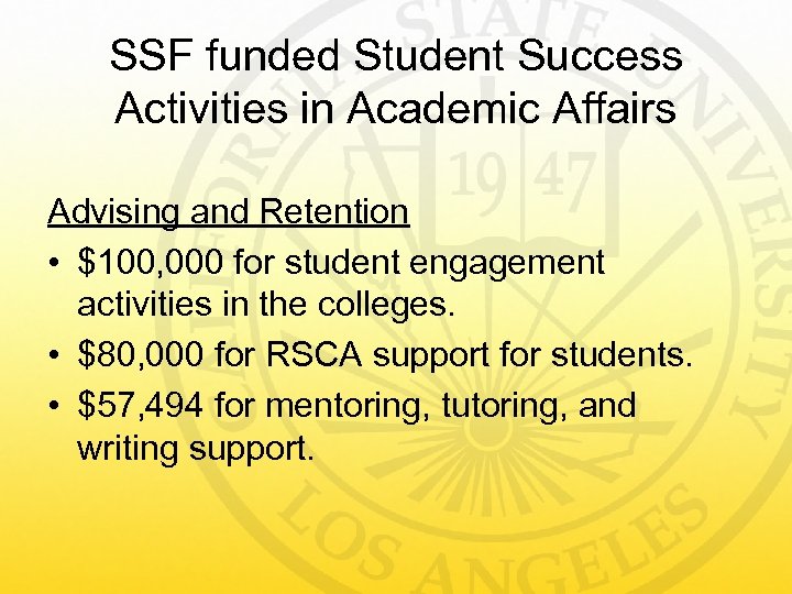 SSF funded Student Success Activities in Academic Affairs Advising and Retention • $100, 000