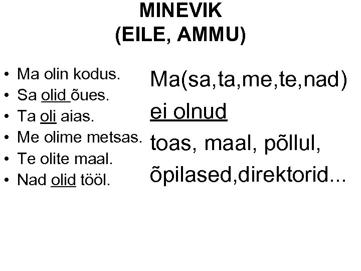 MINEVIK (EILE, AMMU) • • • Ma olin kodus. Sa olid õues. Ta oli