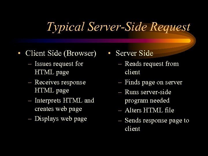 Typical Server-Side Request • Client Side (Browser) – Issues request for HTML page –