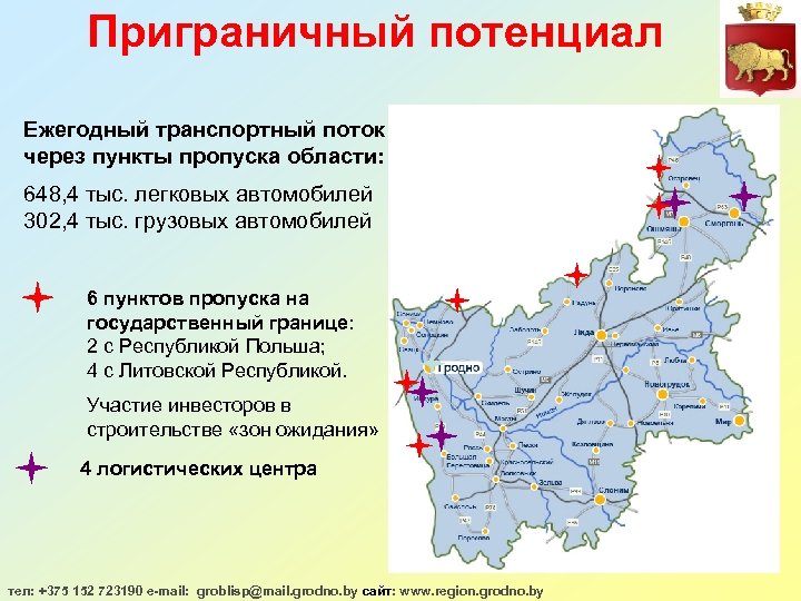 Приграничный потенциал Ежегодный транспортный поток через пункты пропуска области: 648, 4 тыс. легковых автомобилей