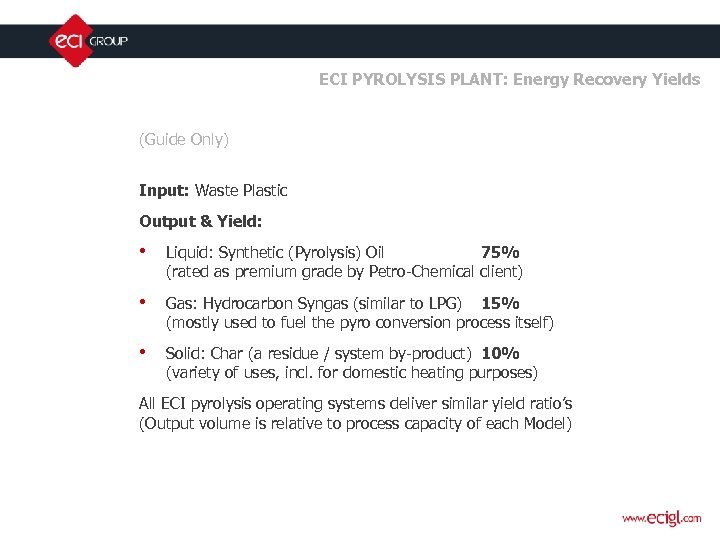 ECI PYROLYSIS PLANT: Energy Recovery Yields (Guide Only) Input: Waste Plastic Output & Yield: