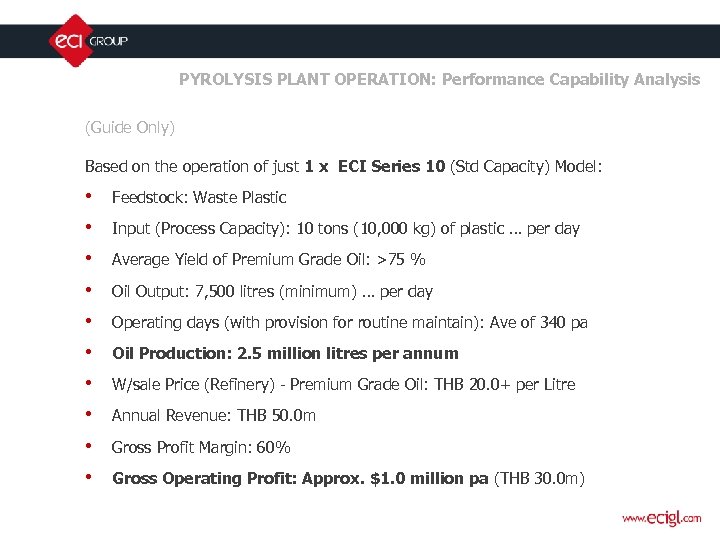 PYROLYSIS PLANT OPERATION: Performance Capability Analysis (Guide Only) Based on the operation of just