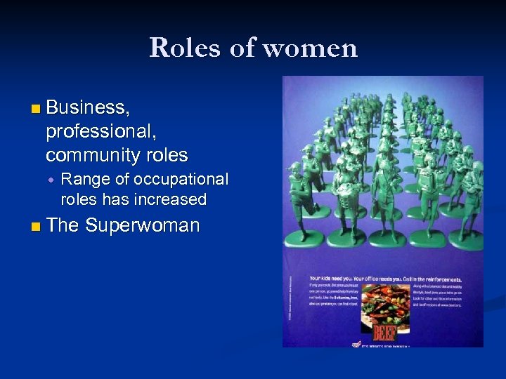Roles of women n Business, professional, community roles Range of occupational roles has increased