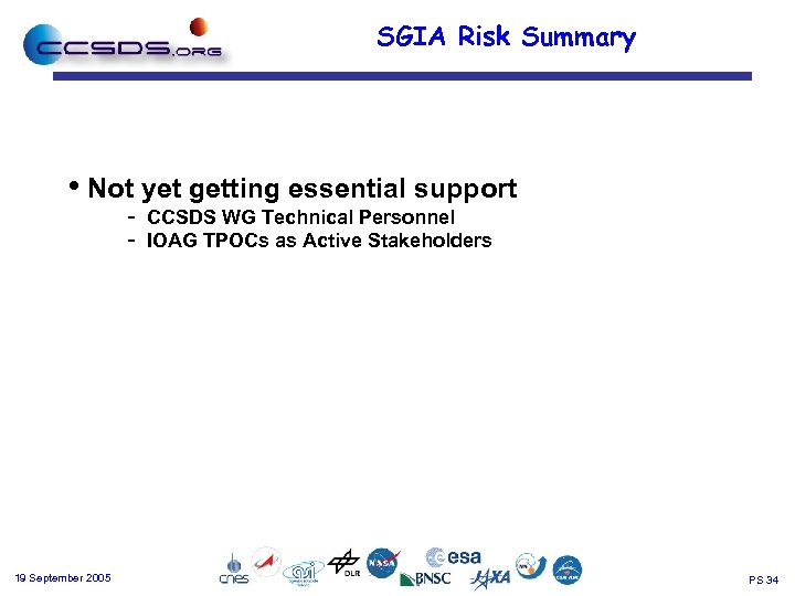 SGIA Risk Summary • Not yet getting essential support - 19 September 2005 CCSDS