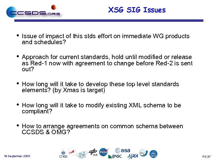 XSG SIG Issues • Issue of impact of this stds effort on immediate WG