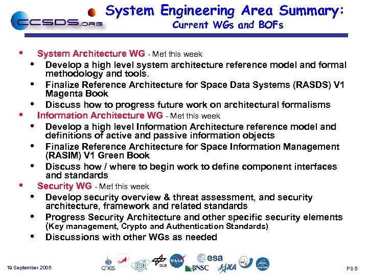 System Engineering Area Summary: Current WGs and BOFs • • • System Architecture WG