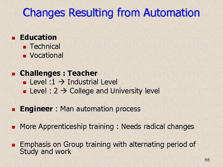 Changes Resulting from Automation Education Technical Vocational Challenges : Teacher Level : 1 Industrial