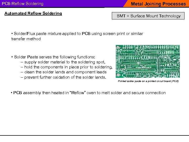 PCB Reflow Soldering Automated Reflow Soldering Metal Joining Processes SMT = Surface Mount Technology