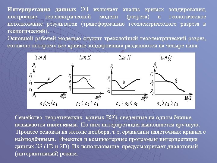 Интерпретация данных ЭЗ включает анализ кривых зондирования, построение геоэлектрической модели (разреза) и геологическое истолкование