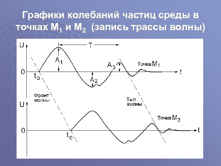 Графики колебаний частиц среды в точках М 1 и М 2 (запись трассы волны)