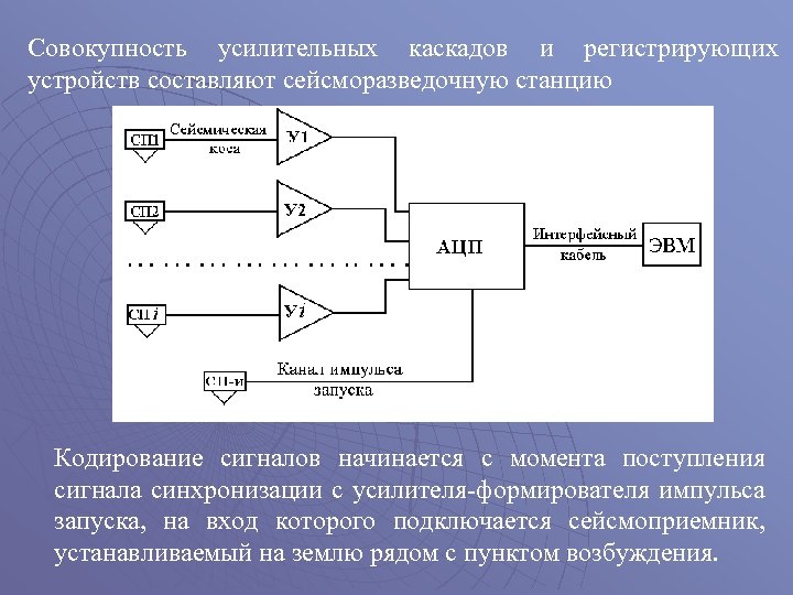 Совокупность усилительных каскадов и регистрирующих устройств составляют сейсморазведочную станцию Кодирование сигналов начинается с момента