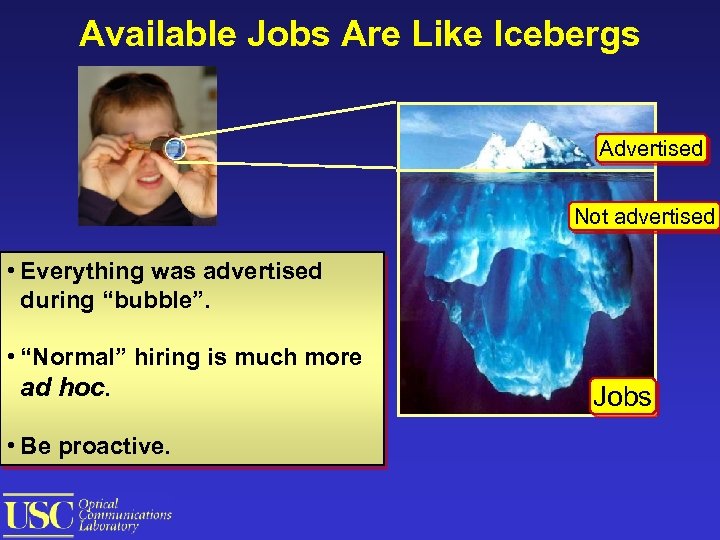 Available Jobs Are Like Icebergs Advertised Not advertised • Everything was advertised during “bubble”.