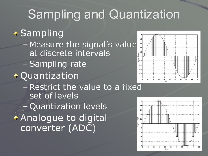 Sampling and Quantization Sampling – Measure the signal’s value at discrete intervals – Sampling