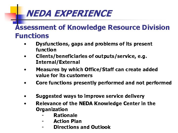 NEDA EXPERIENCE Assessment of Knowledge Resource Division Functions • • • Dysfunctions, gaps and