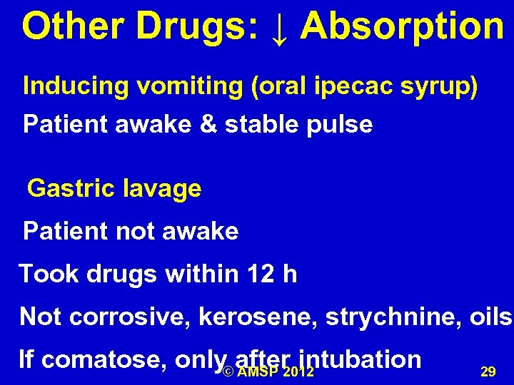 Other Drugs: ↓ Absorption Inducing vomiting (oral ipecac syrup) Patient awake & stable pulse