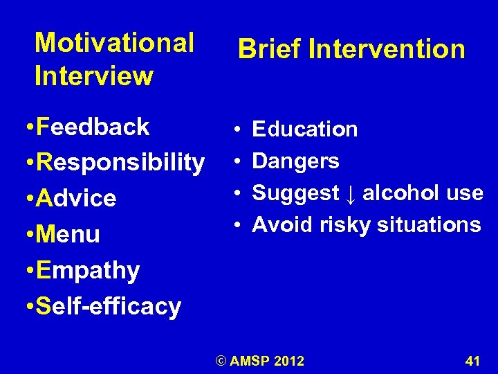 Motivational Interview • Feedback • Responsibility • Advice • Menu • Empathy • Self-efficacy