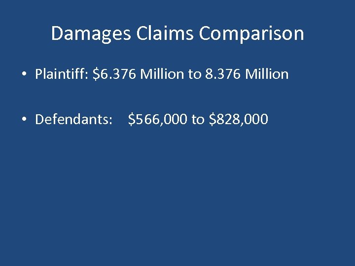 Damages Claims Comparison • Plaintiff: $6. 376 Million to 8. 376 Million • Defendants: