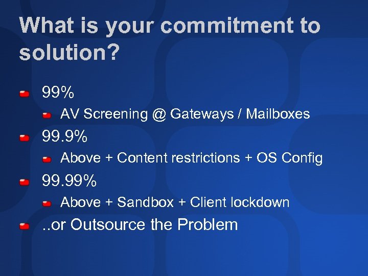 What is your commitment to solution? 99% AV Screening @ Gateways / Mailboxes 99.