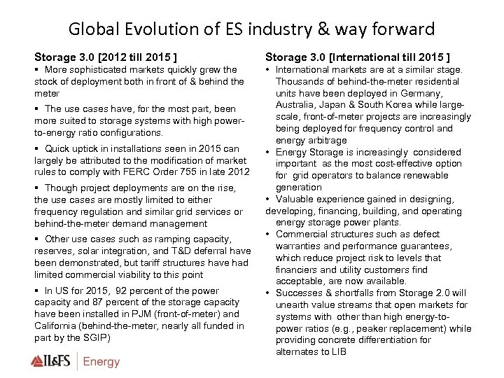 Global Evolution of ES industry & way forward Storage 3. 0 [2012 till 2015