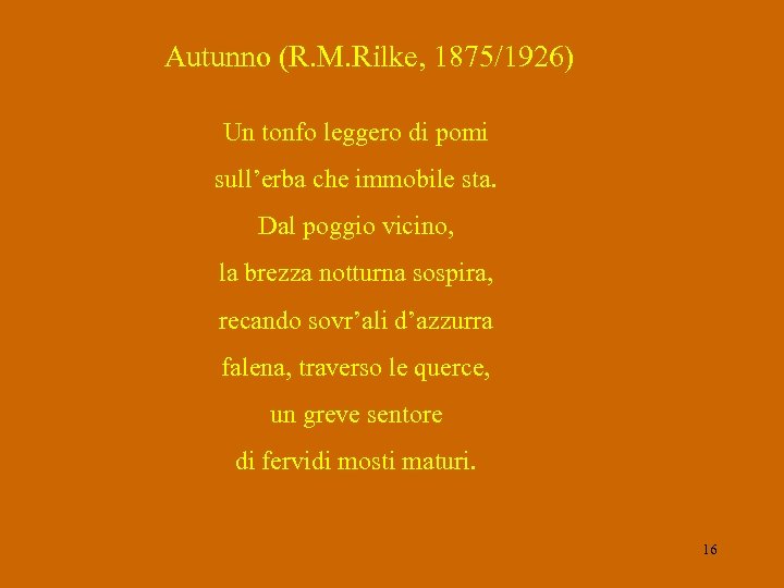 Autunno (R. M. Rilke, 1875/1926) Un tonfo leggero di pomi sull’erba che immobile sta.