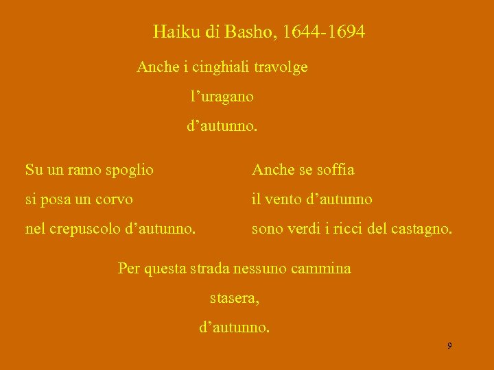 Haiku di Basho, 1644 -1694 Anche i cinghiali travolge l’uragano d’autunno. Su un ramo