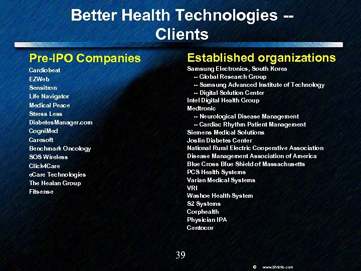 Better Health Technologies -- Clients Pre-IPO Companies Established organizations Cardiobeat EZWeb Sensitron Life Navigator