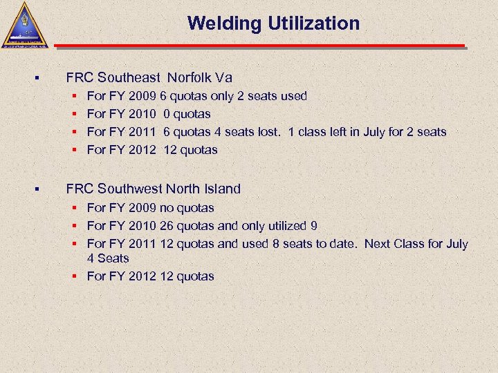 Welding Utilization § FRC Southeast Norfolk Va § For FY 2009 6 quotas only