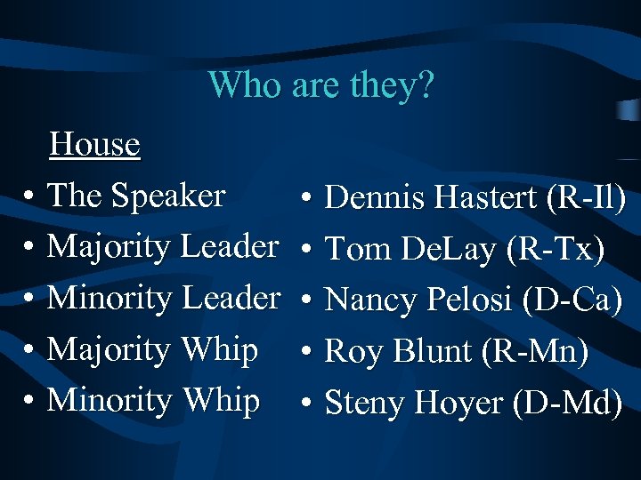Who are they? House • The Speaker • Majority Leader • Minority Leader •