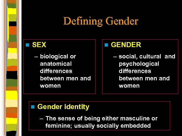 Defining Gender n SEX – biological or anatomical differences between men and women n