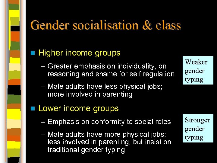 Gender socialisation & class n Higher income groups – Greater emphasis on individuality, on