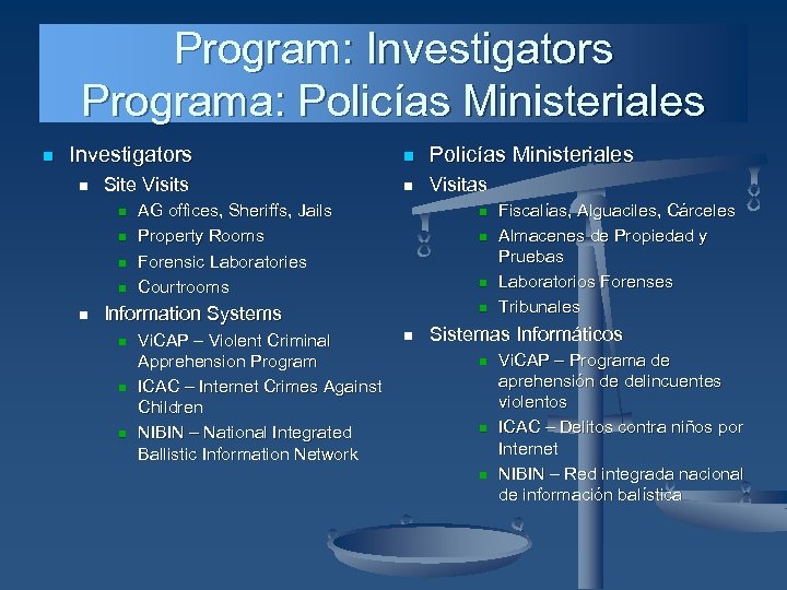Program: Investigators Programa: Policías Ministeriales n Investigators n Policías Ministeriales Site Visits n Visitas