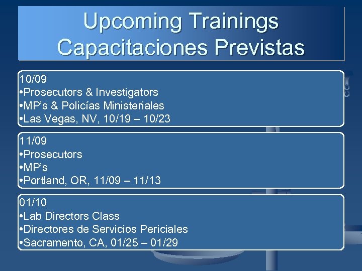 Upcoming Trainings Capacitaciones Previstas 10/09 • Prosecutors & Investigators • MP’s & Policías Ministeriales