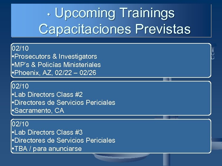 Upcoming Trainings Capacitaciones Previstas • 02/10 • Prosecutors & Investigators • MP’s & Policías