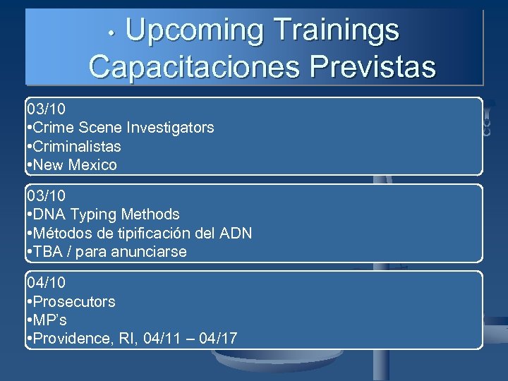 Upcoming Trainings Capacitaciones Previstas • 03/10 • Crime Scene Investigators • Criminalistas • New