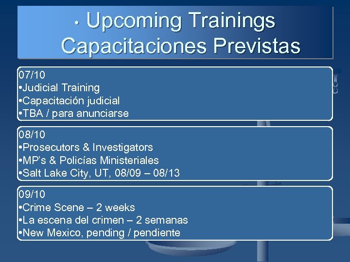Upcoming Trainings Capacitaciones Previstas • 07/10 • Judicial Training • Capacitación judicial • TBA