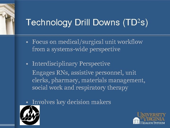 Technology Drill Downs (TD 2 s) • Focus on medical/surgical unit workflow from a