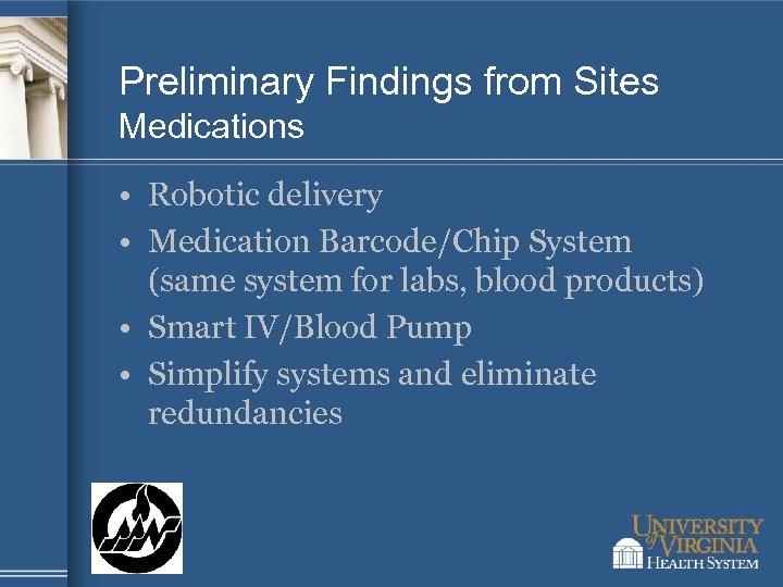 Preliminary Findings from Sites Medications • Robotic delivery • Medication Barcode/Chip System (same system