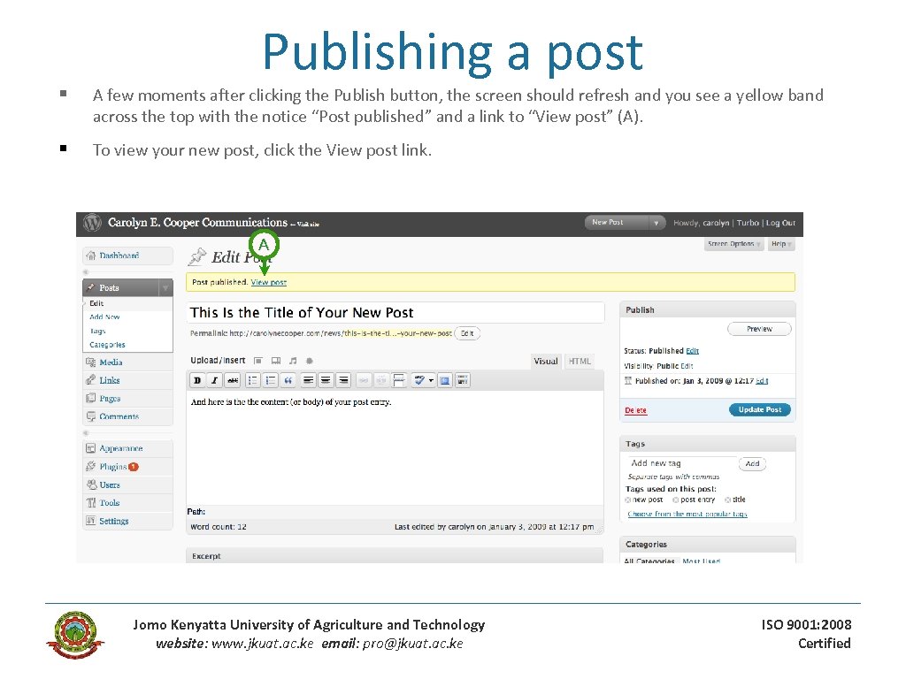 Publishing a post § A few moments after clicking the Publish button, the screen