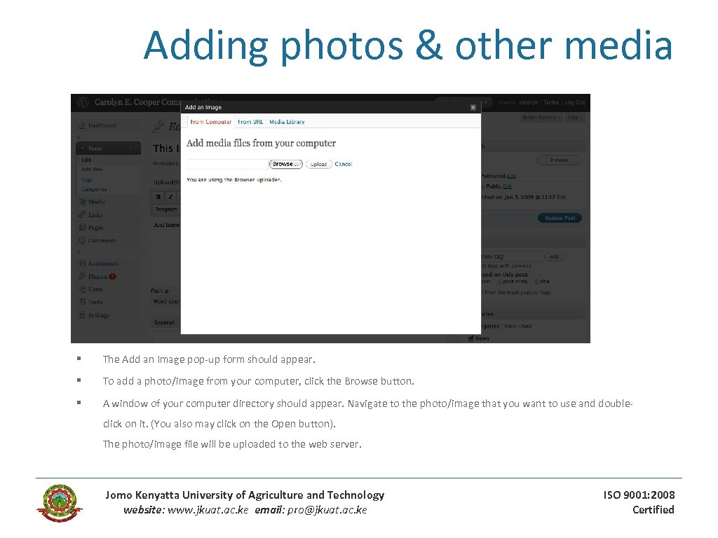 Adding photos & other media § The Add an Image pop-up form should appear.