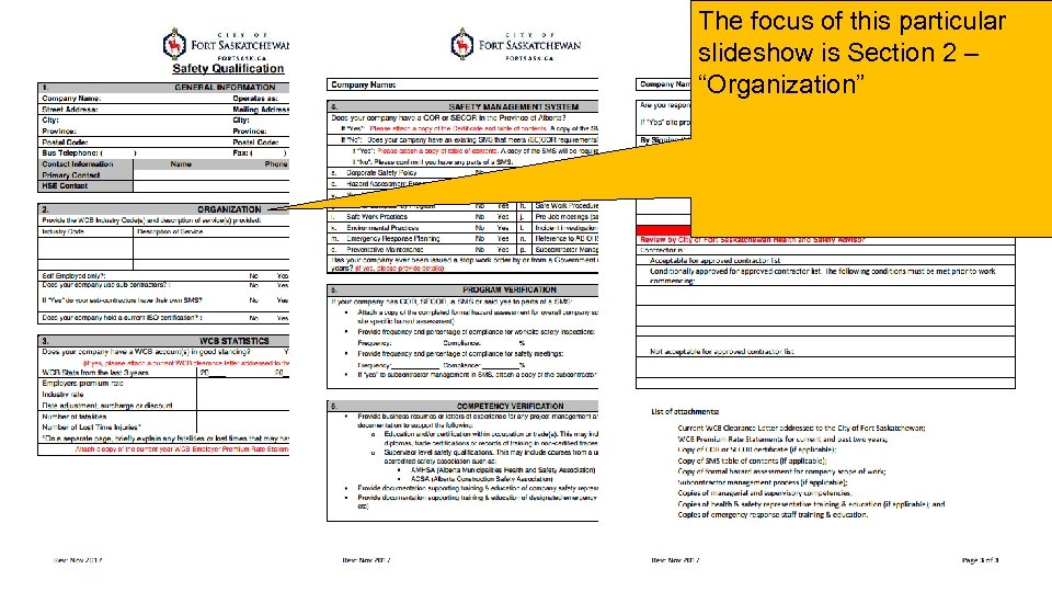 The focus of this particular slideshow is Section 2 – “Organization” City of Fort