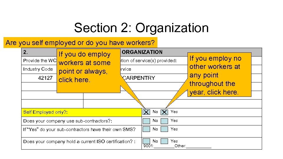 Section 2: Organization Are you self employed or do you have workers? 2. ORGANIZATION